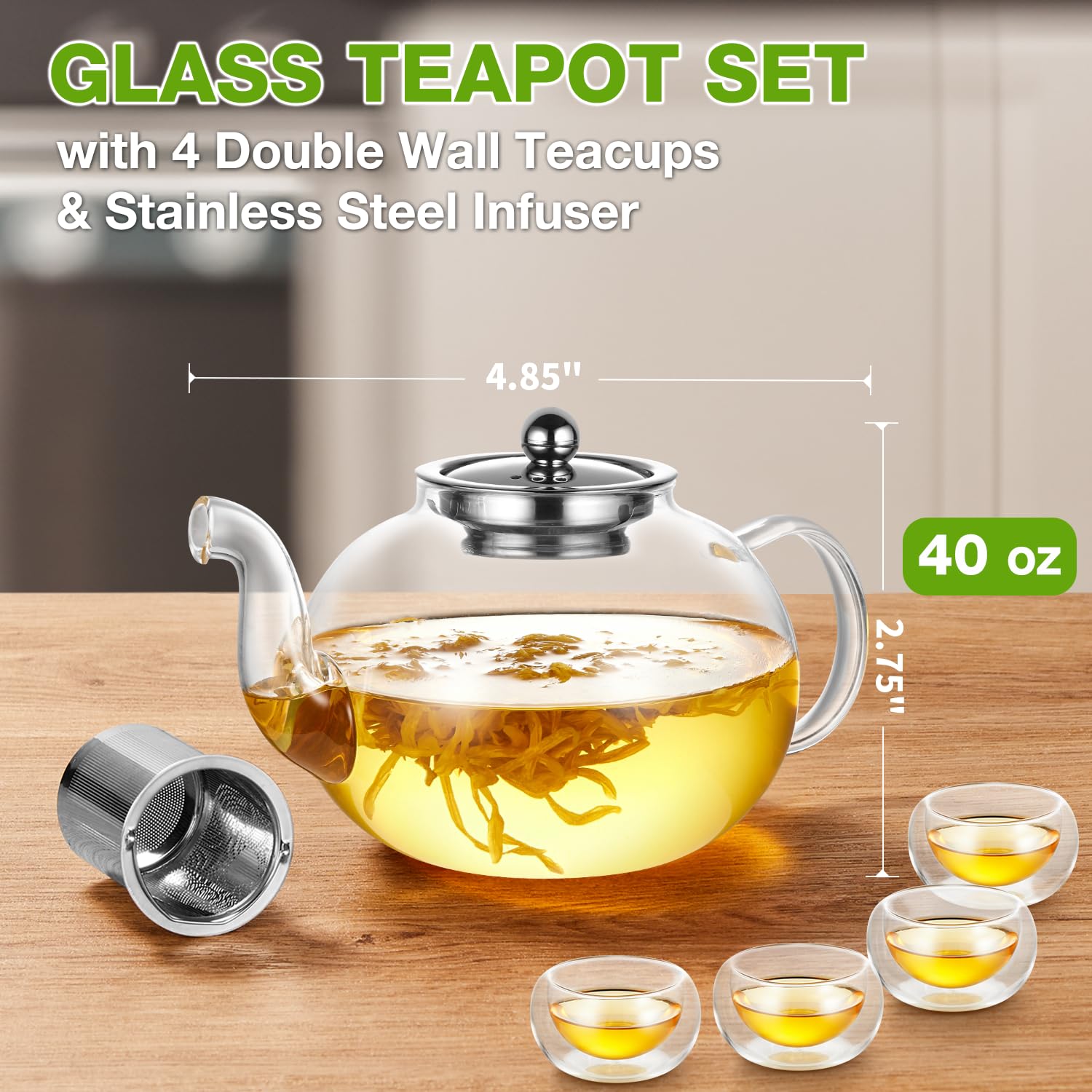 Large Glass Teapot Set, TeaPot (40 OZ/1200ml) with 4 Double Wall Teacups & Removable Stainless Steel Infuser, Stovetop Safe Tea Kettle, Blooming & Loose Leaf Tea Maker Set, Microwave Dishwasher Safe