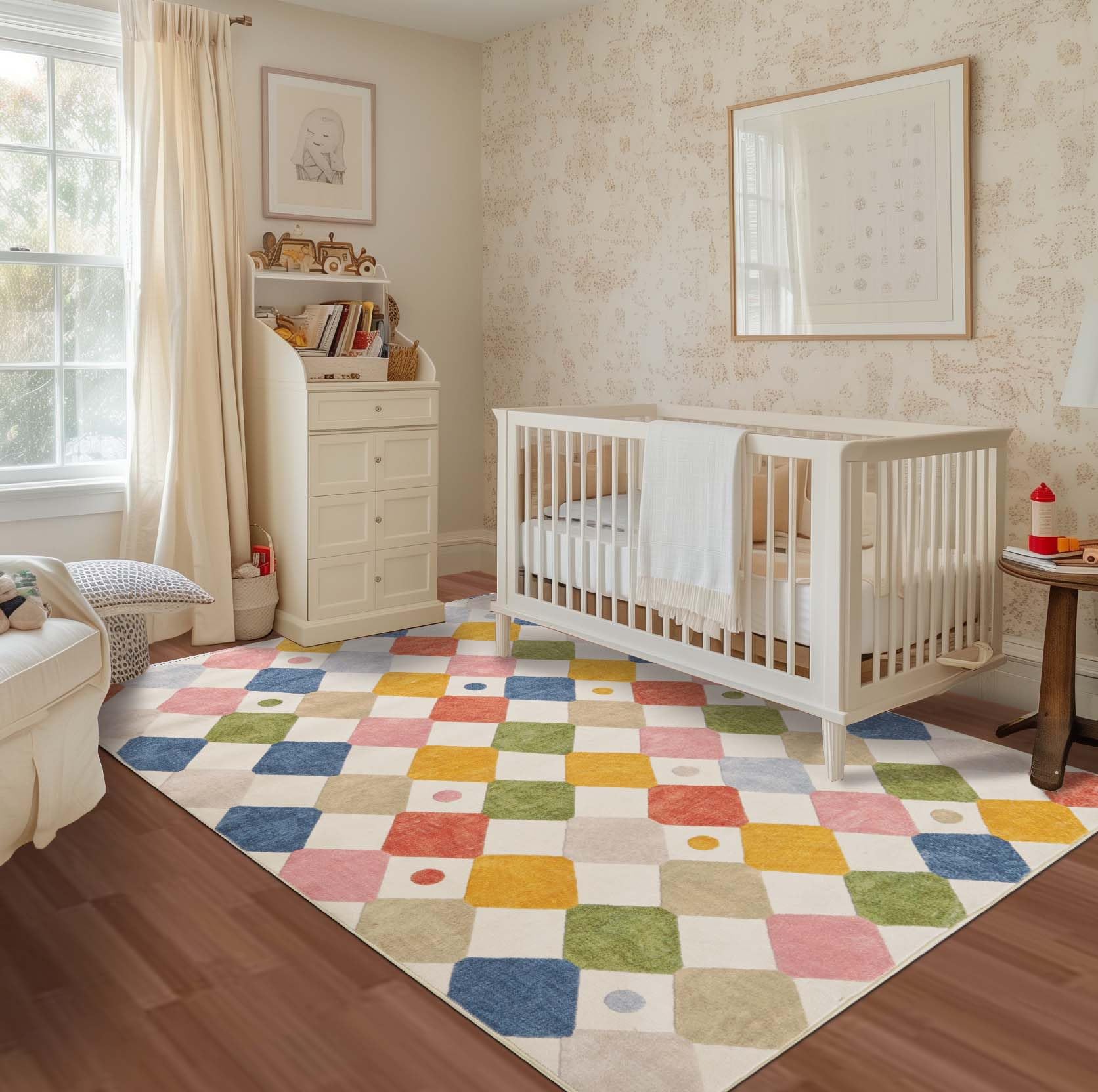 jinchan Area Rug 5x7 Kids Rug Washable Rug Colorful Trellis Indoor Floor Cover Non Slip Modern Rug Living Room Diamond Carpet Soft Rug for Nursery Room Bedroom Dining Room Kitchen Circus on Cream