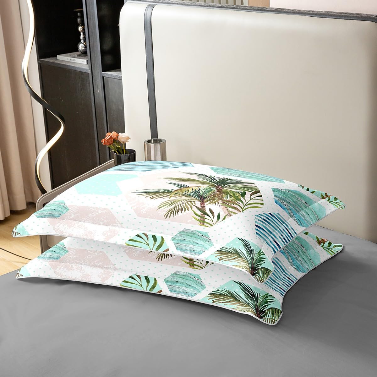 Manfei Tropical Palm Tree 100% Organic Cotton Comforter Cover Geometric Honeycomb Duvet Cover Set Queen Size for Bedroom Summer Beach Ocean Bedding Set with 2 Pillowcases