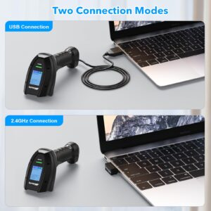 Wireless Barcode Scanner,Alacrity 1D Laser Industrial Grade 2.4GHz Wireless Handheld Bar Code Scanner with 1.77 Inches TFT Display Screen and 2000mA*H Rechargeable Battery