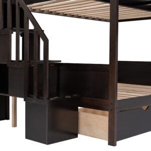 Bunk Bed Twin Over Full with Storage Staircase and 2 Drawers, Wooden Bunk Bed Frame with 4 Storage Shelves for Kids Boys Girls Teens (Espresso@028)