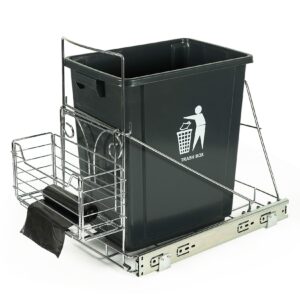 mumuke pull out trash can under cabinet slider shelf with removable front basket for kitchen under sink trash can fit for most 7-11 gallon garbage (waste bin not included)