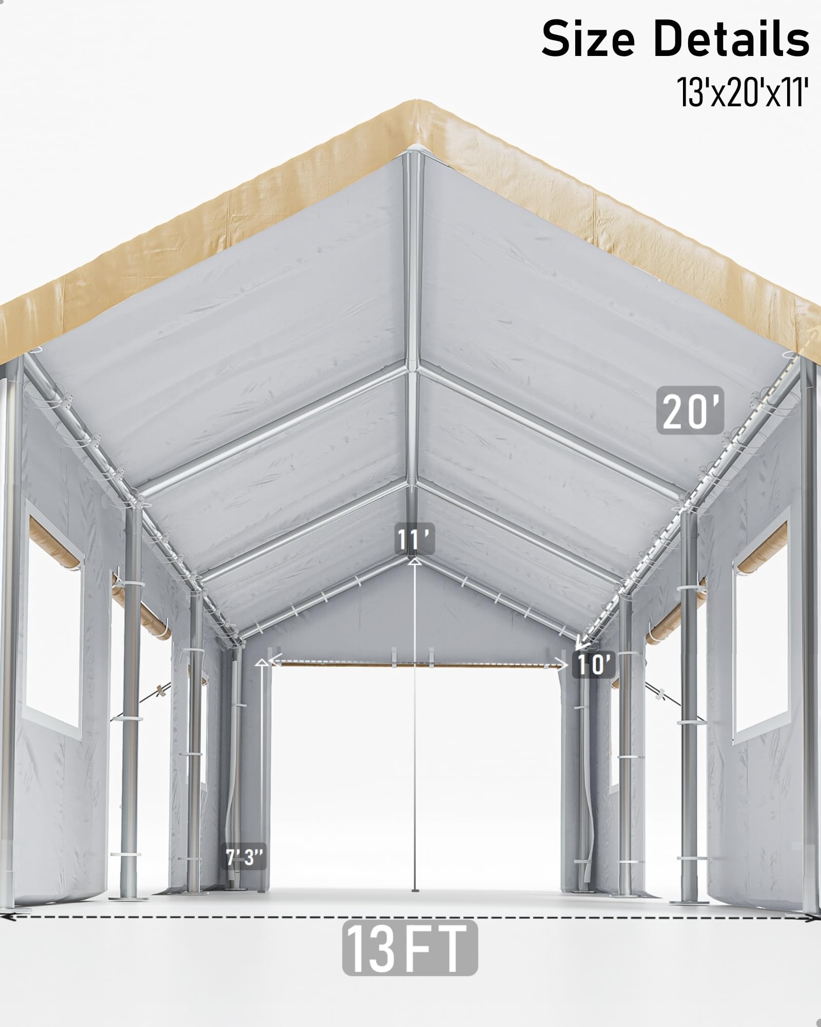 DEXSO Carport 13'x20' Heavy Duty Portable Garage, 1.0 mm Steel Poles & 180 g PE Waterproof Canopy, with Front & Rear Doors, 2 Side Doors, and 4 Windows, for Pickup Truck, and Boat, Khaki