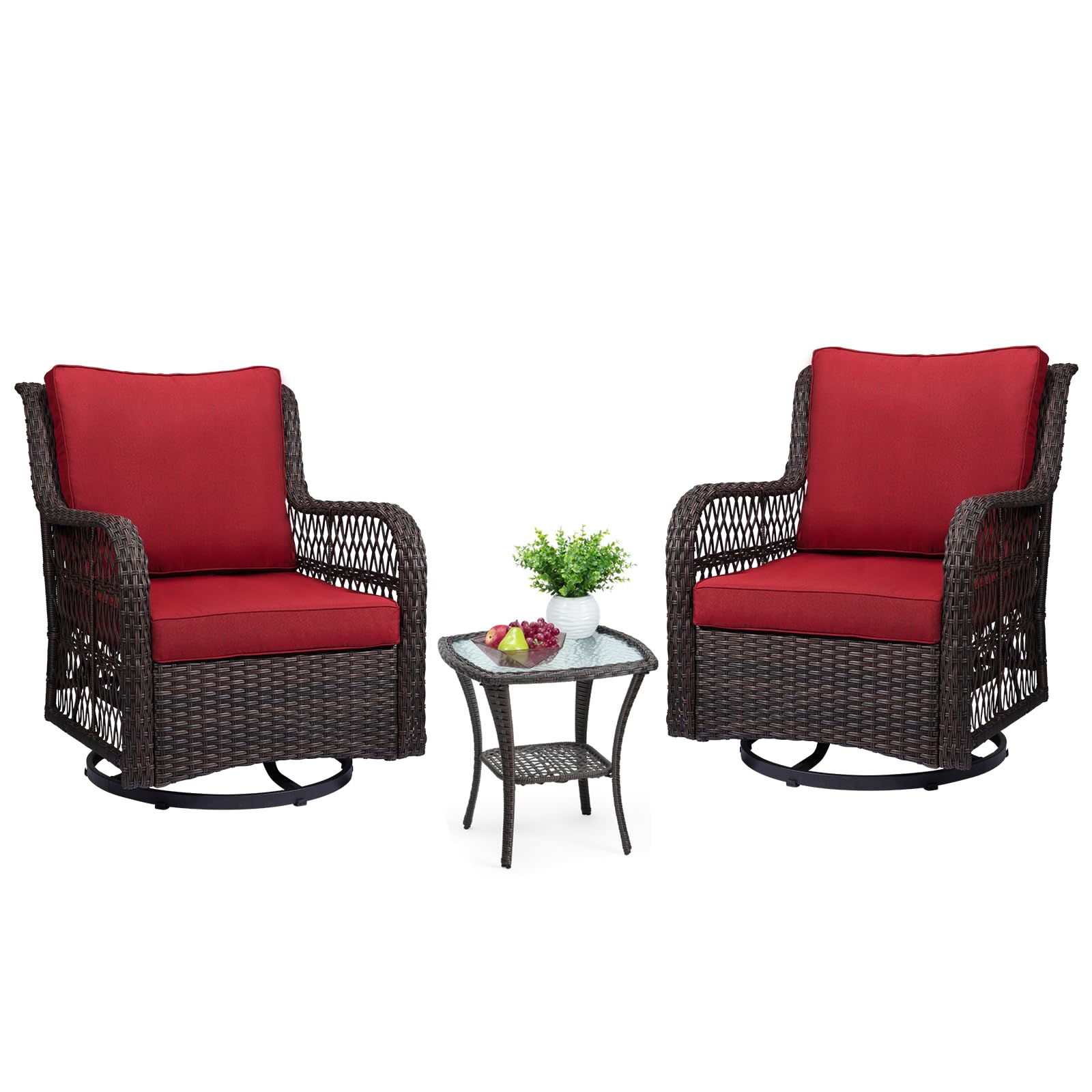 OMTech Rocking Chair, Outdoor Wicker Rotation Rocking Chair with Cushion, Outdoor Rocking Chair Set of 3, with End Table, Indoor Outdoor Patio Yard Bistro Furniture, Red