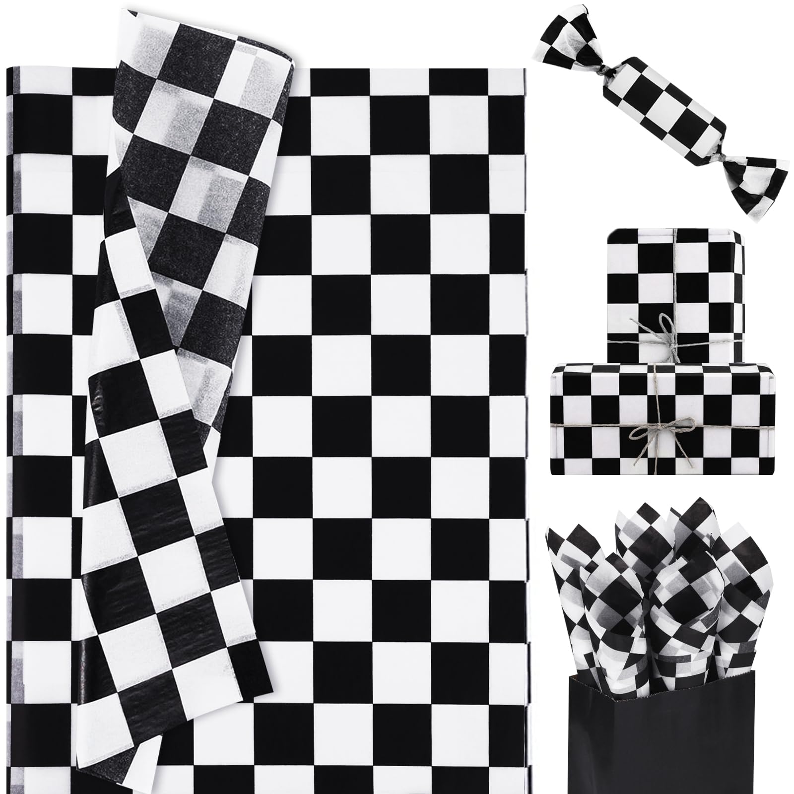 120 Sheets Checkered Tissue Paper Black and White Race Car Party Gift Wrapping Paper Black Plaids Art Tissue Paper for Racing Car Birthday Christmas Party Decorations, 14x20 inch