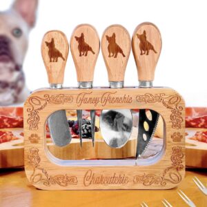 Frenchie The French Bulldog Cheese Board Deluxe Stainless Steel Utensils 12 Set, and Engraved Bamboo Display Stand, Cheese Knives, Forks, Spoons, Spreaders and Mini Forks, Fancy Frenchie Charcuterie