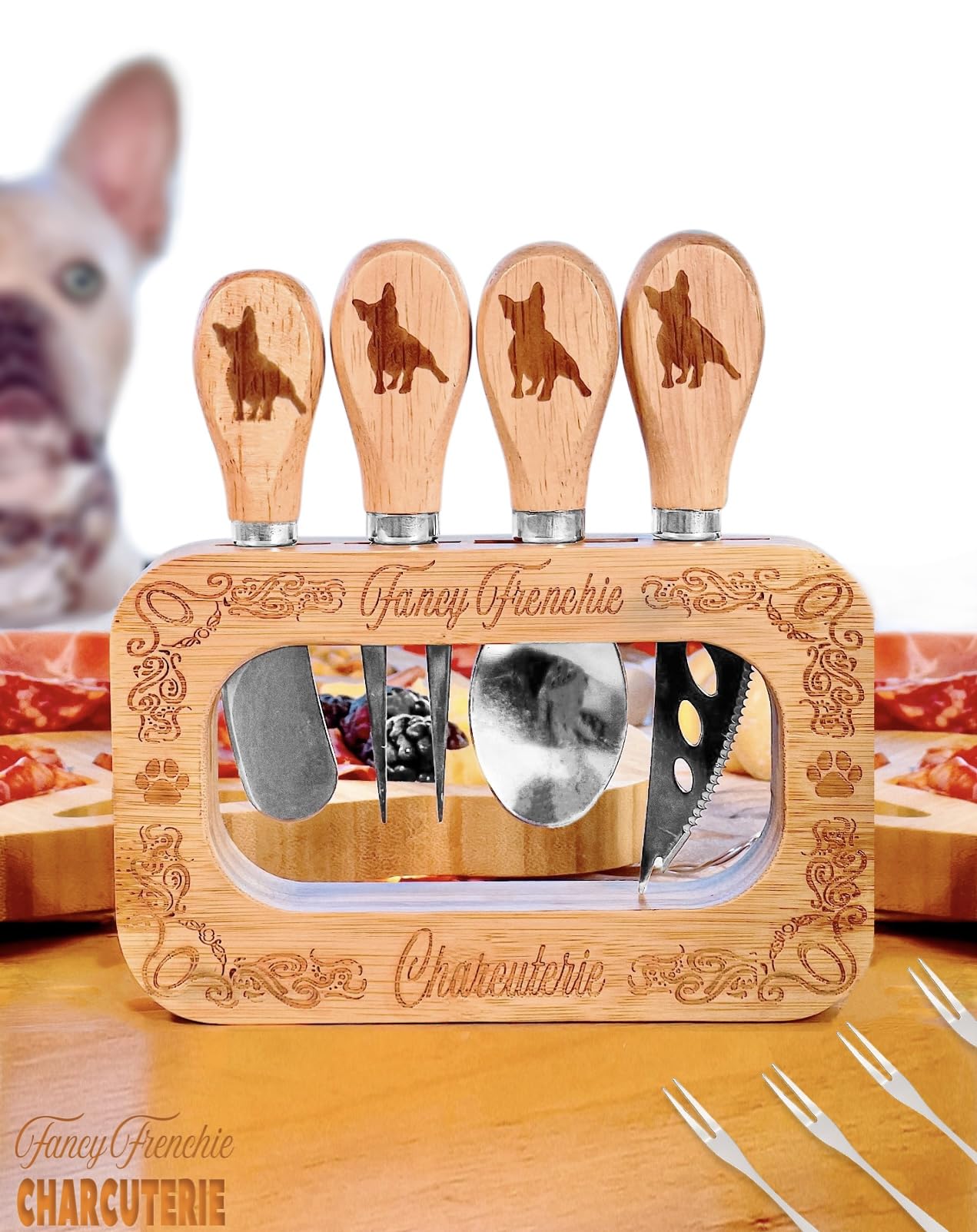 Frenchie The French Bulldog Cheese Board Deluxe Stainless Steel Utensils 12 Set, and Engraved Bamboo Display Stand, Cheese Knives, Forks, Spoons, Spreaders and Mini Forks, Fancy Frenchie Charcuterie