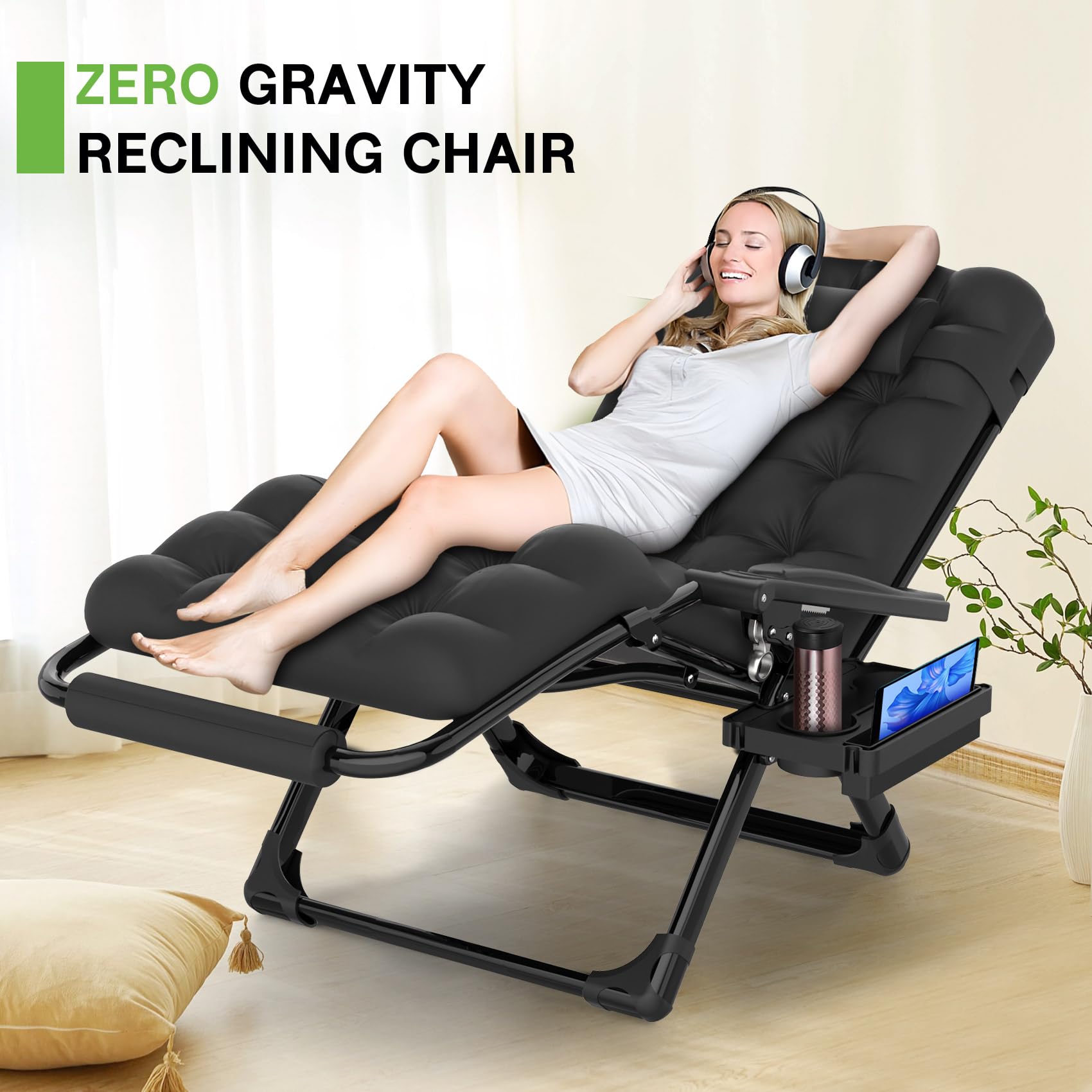 ZENPETIO 29In XL Zero Gravity Chair w/Cushion, Zero Gravity Recliner Lounge Chair for Indoor and Outdoor, Reclining Camping Chair for Lawn, Anti Gravity Chair with Cup Holder and Footrest, 440LBS