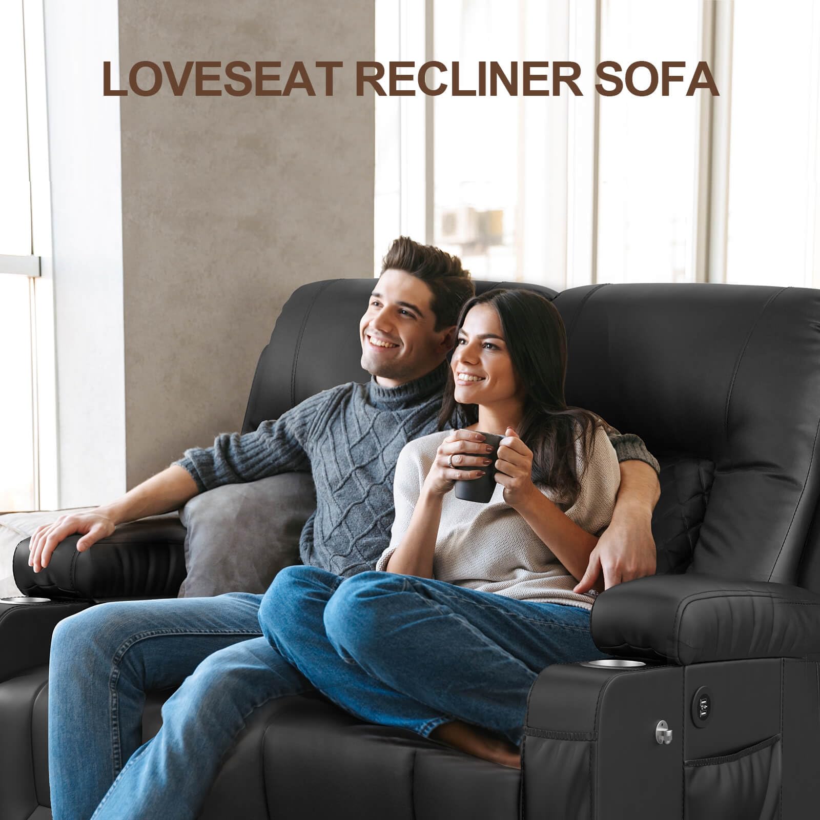 FURNIMAT Loveseat Recliner Sofa, 2 Seater Reclining Loveseat Sofa, PU Leather Recliner Loveseat Couch, Modern Recliner Chair for Living Room, with Cup Holder and 2 Cell Phone Holder, USB Ports, Black