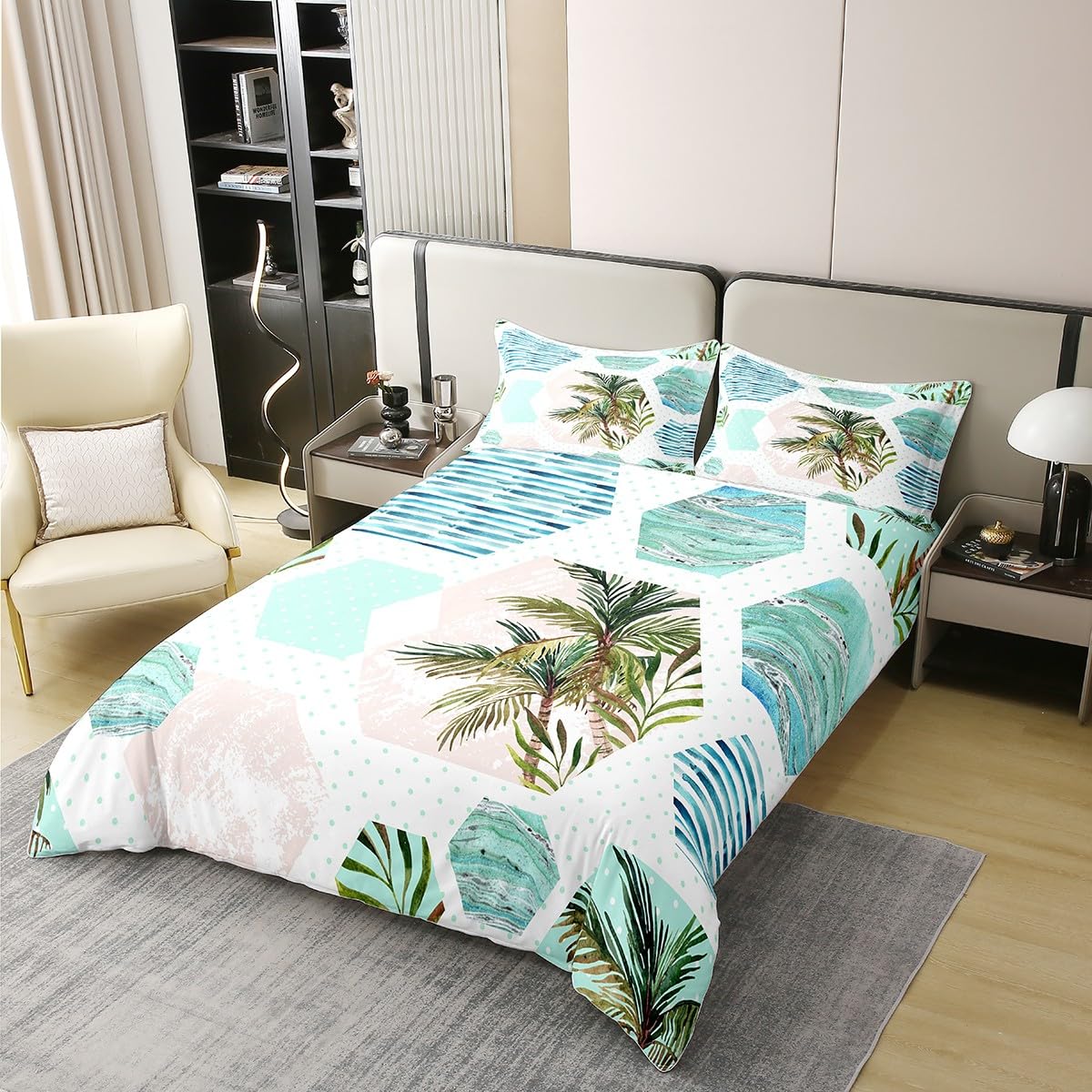 Manfei Tropical Palm Tree 100% Organic Cotton Comforter Cover Geometric Honeycomb Duvet Cover Set Queen Size for Bedroom Summer Beach Ocean Bedding Set with 2 Pillowcases