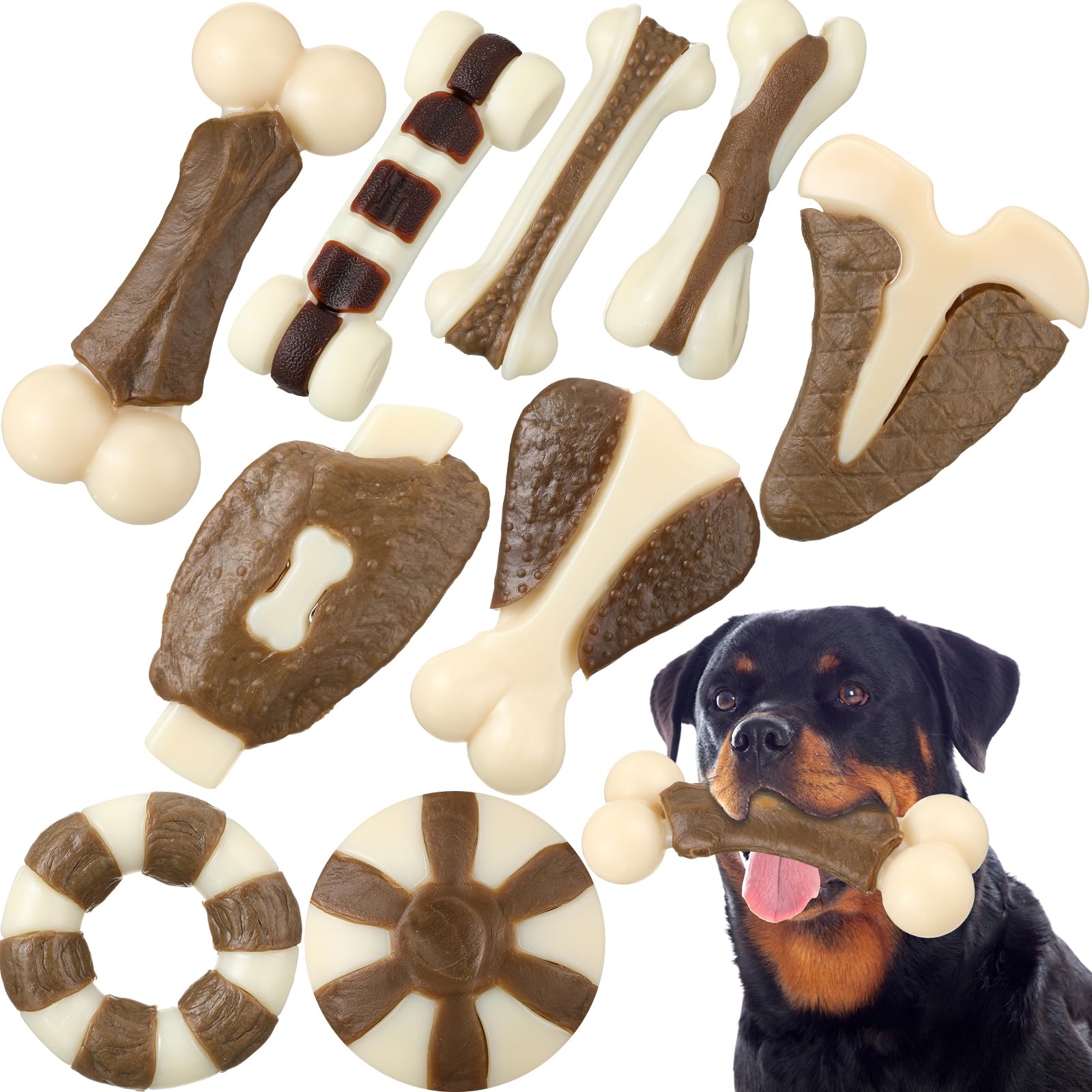 Jenaai 9 Pcs Dog Toys for Aggressive Chewers Nylon Beef Flavor Dog Chew Toys Dog Teething Toys Durable Chew Textured Bone Dog Enrichment Toys Chew Bones for Medium and Large Dog Teeth Grinding