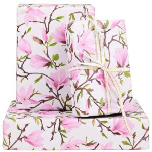 100 Sheets Pink Magnolia Flowers Printed Tissue Paper Floral Pattern and Leaves Art Decorative Tissue for Gift Wrapping Supplies