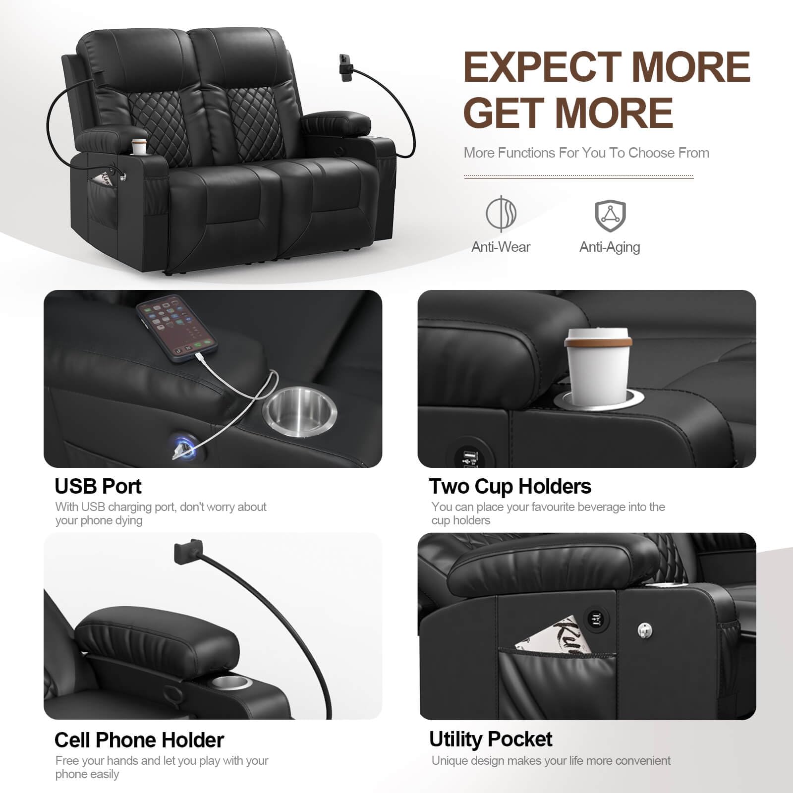 FURNIMAT Loveseat Recliner Sofa, 2 Seater Reclining Loveseat Sofa, PU Leather Recliner Loveseat Couch, Modern Recliner Chair for Living Room, with Cup Holder and 2 Cell Phone Holder, USB Ports, Black