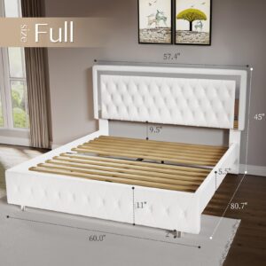 Jocisland Full Bed Frame with LED Lights Headboard&Footboard, Velvet Upholstered Full Size Platform Bed Frame No Box Spring Needed/White