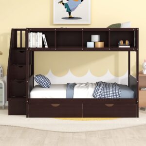 bunk bed twin over full with storage staircase and 2 drawers, wooden bunk bed frame with 4 storage shelves for kids boys girls teens (espresso@028)