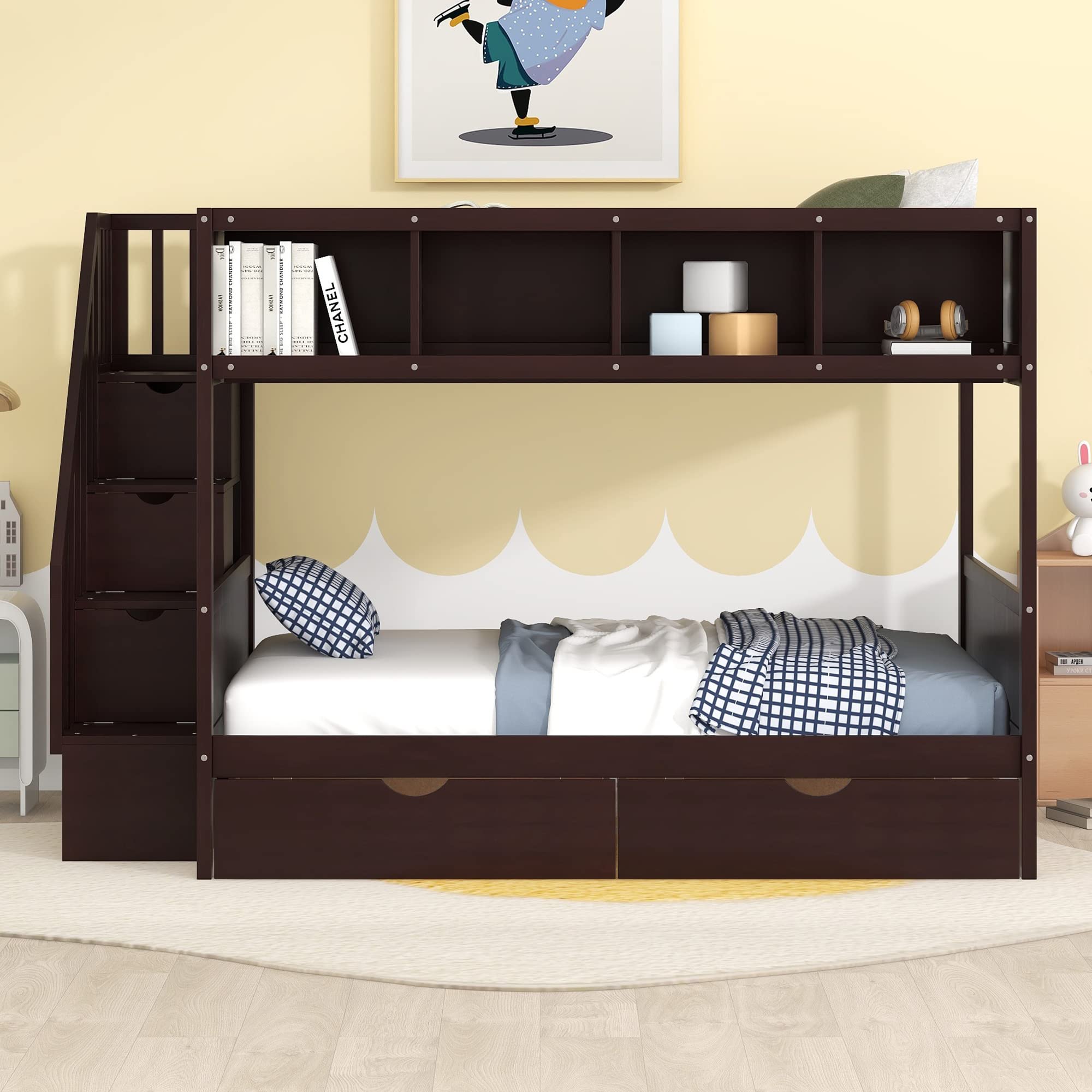 Bunk Bed Twin Over Full with Storage Staircase and 2 Drawers, Wooden Bunk Bed Frame with 4 Storage Shelves for Kids Boys Girls Teens (Espresso@028)