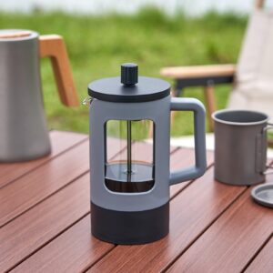 YOLIFE French Press Coffee Maker, 21 oz Small Coffee Tea Press with Heat-resistant Borosilicate Glass, 4-Level Filtration Systems, Portable Coffee Pot for Camping Travel Gifts, Grey and Black