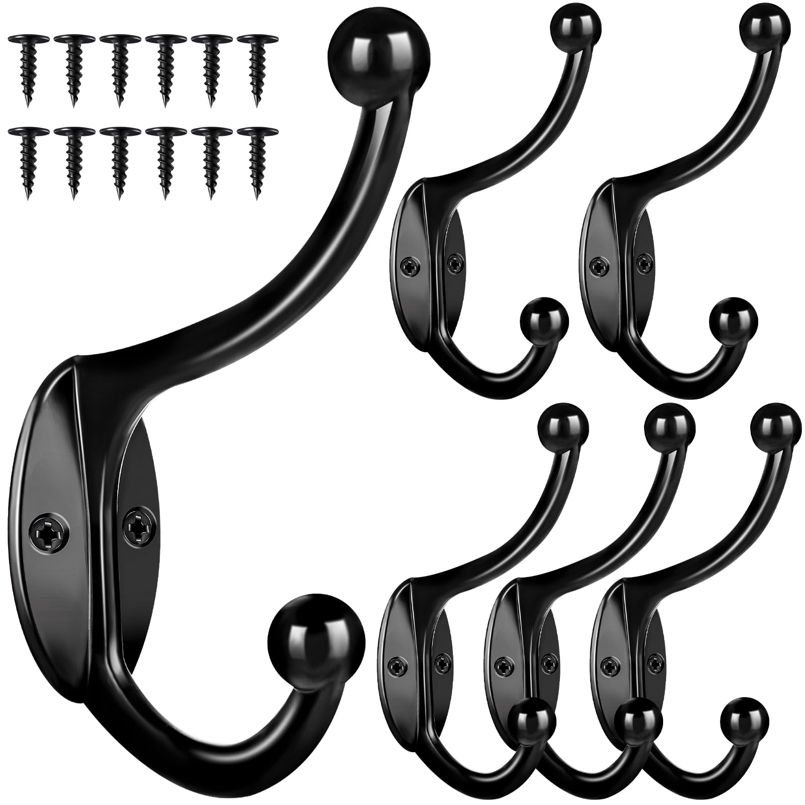 ALDMIO 6Pcs Wall Hooks for Hanging, Black Coat Hooks Wall Mounted with Screws Heavy Duty Door Hanger for Towel, Hat, Key, Coat, Bag