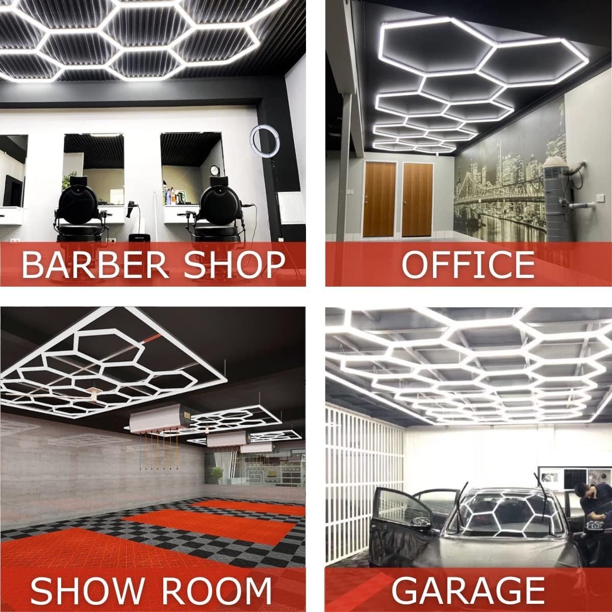 Modern LED Hexagon Garage Light Fixture - 6000K 672W 14 Grid Hexagon Light Set With Rectangle Frame for Garage, Detail Shop, Commercial Store, Office, etc. Over 60,000 Lumens 110V 15.98FT X 7.88FT