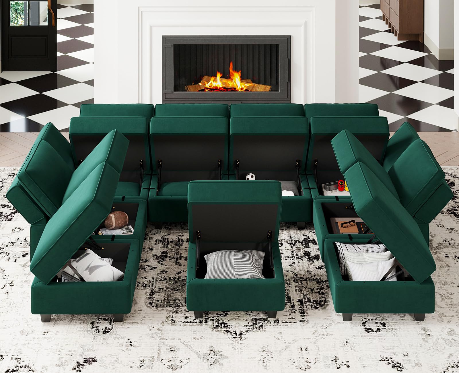 Belffin Modular Sectional Sofa Set Oversized U Shaped Couch with Storage Seat Sectional Sleeper Sofa with Chaise Green