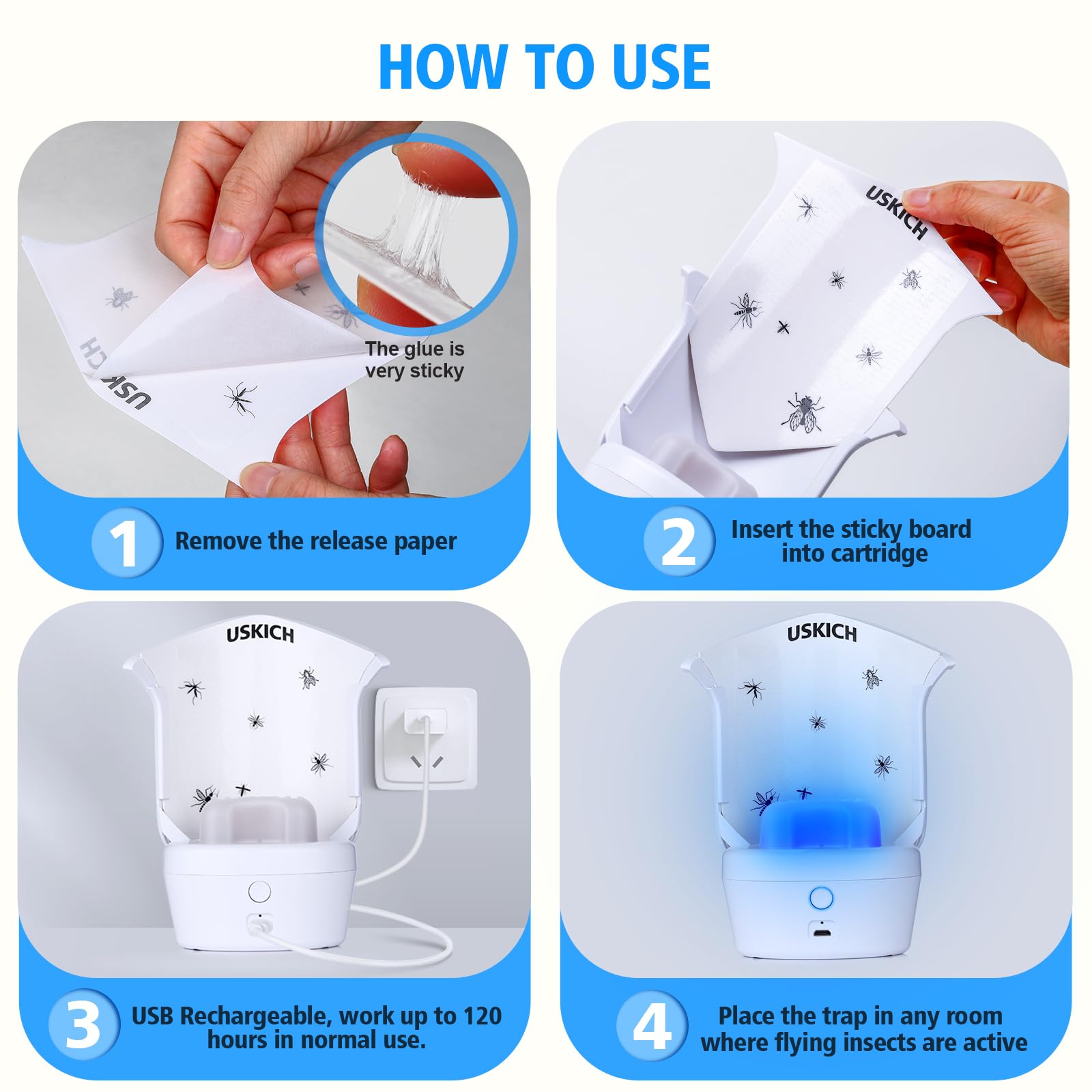 Flying Insect Trap with USB Rechargeable and Portable,Insect Catcher,Indoor Fly Trap with Night UV Light,Fruit Fly Traps for Gnat, Moth, Mosquito, Bug Light Insect Killer (1 Device＋10 Glue Cards)