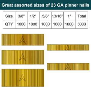 Toicann 23 Gauge Pin Nails (1",13/16",5/8",1/2",3/8") 5000 pcs Headless Pinner Nails for 23 GA Pneumatic or Electric Pinner or Pin Nail Gun, Ideal for Fine Woodworking or Trim Work