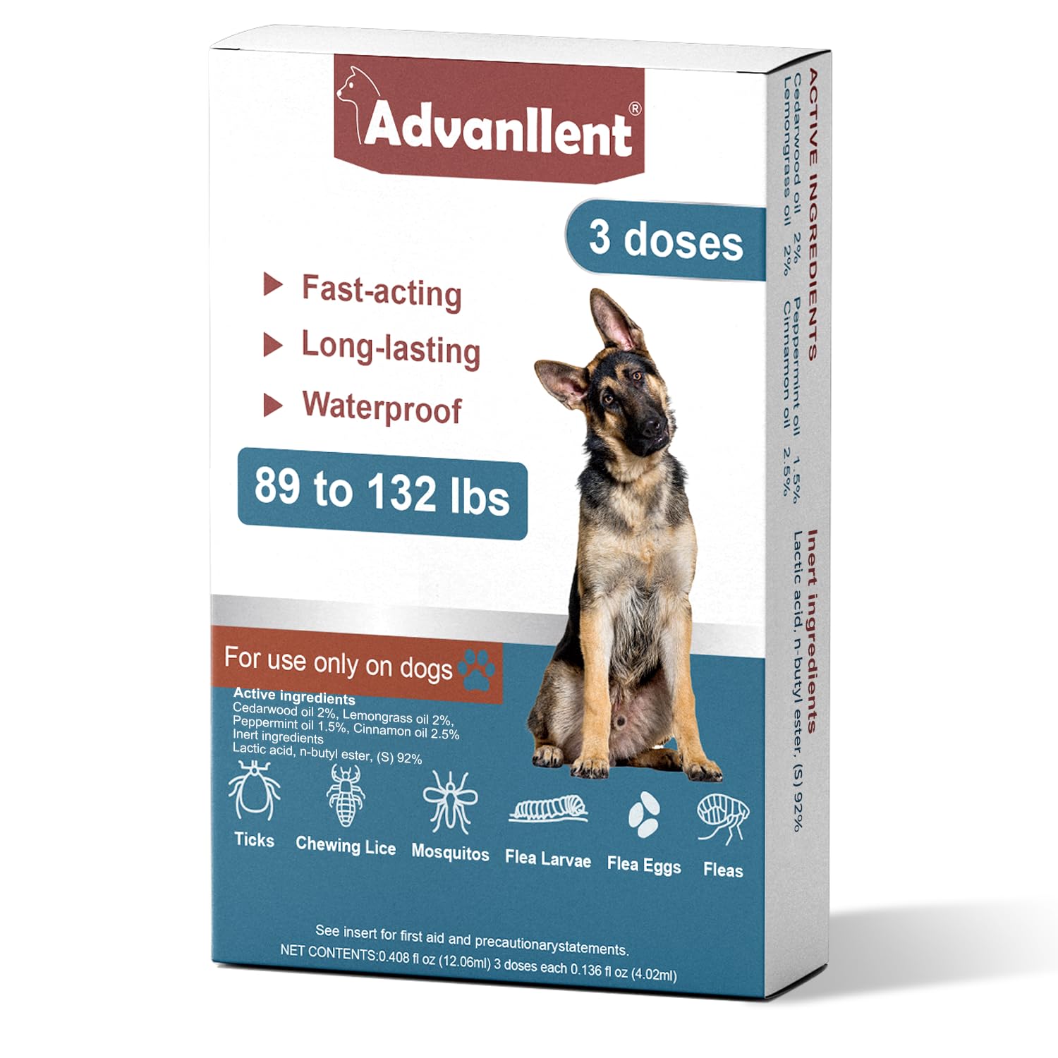 Advanllent Flea and Tick Prevention for Dogs, Flea and Tick Treatment for Extra Large Dog, Natural Essential Oil, Flea & Tick Control, 89-132 Pounds, 3 Doses