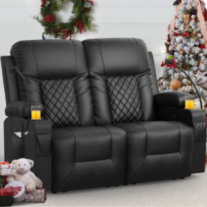 furnimat loveseat recliner sofa, 2 seater reclining loveseat sofa, pu leather recliner loveseat couch, modern recliner chair for living room, with cup holder and 2 cell phone holder, usb ports, black