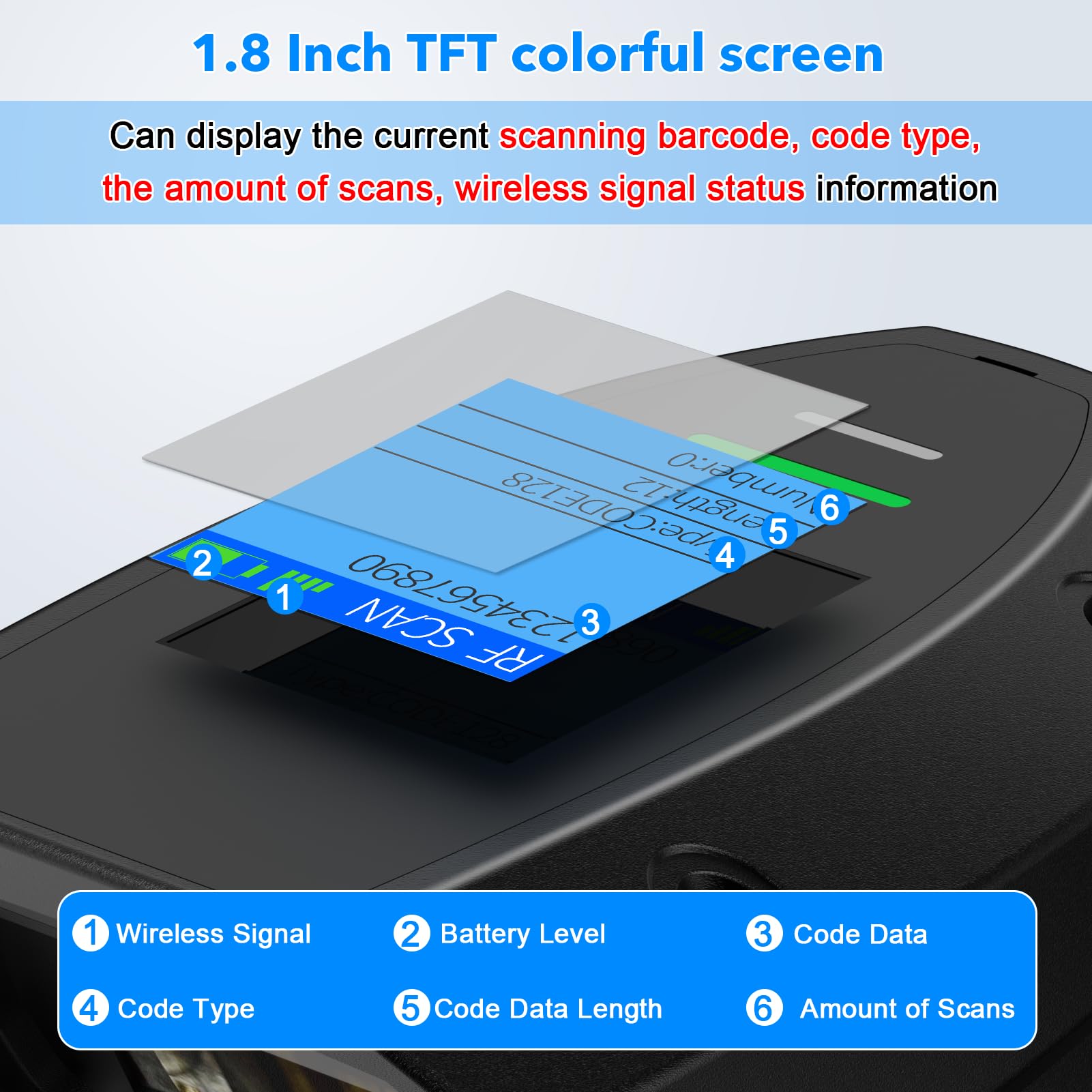 Wireless Barcode Scanner,Alacrity 1D Laser Industrial Grade 2.4GHz Wireless Handheld Bar Code Scanner with 1.77 Inches TFT Display Screen and 2000mA*H Rechargeable Battery