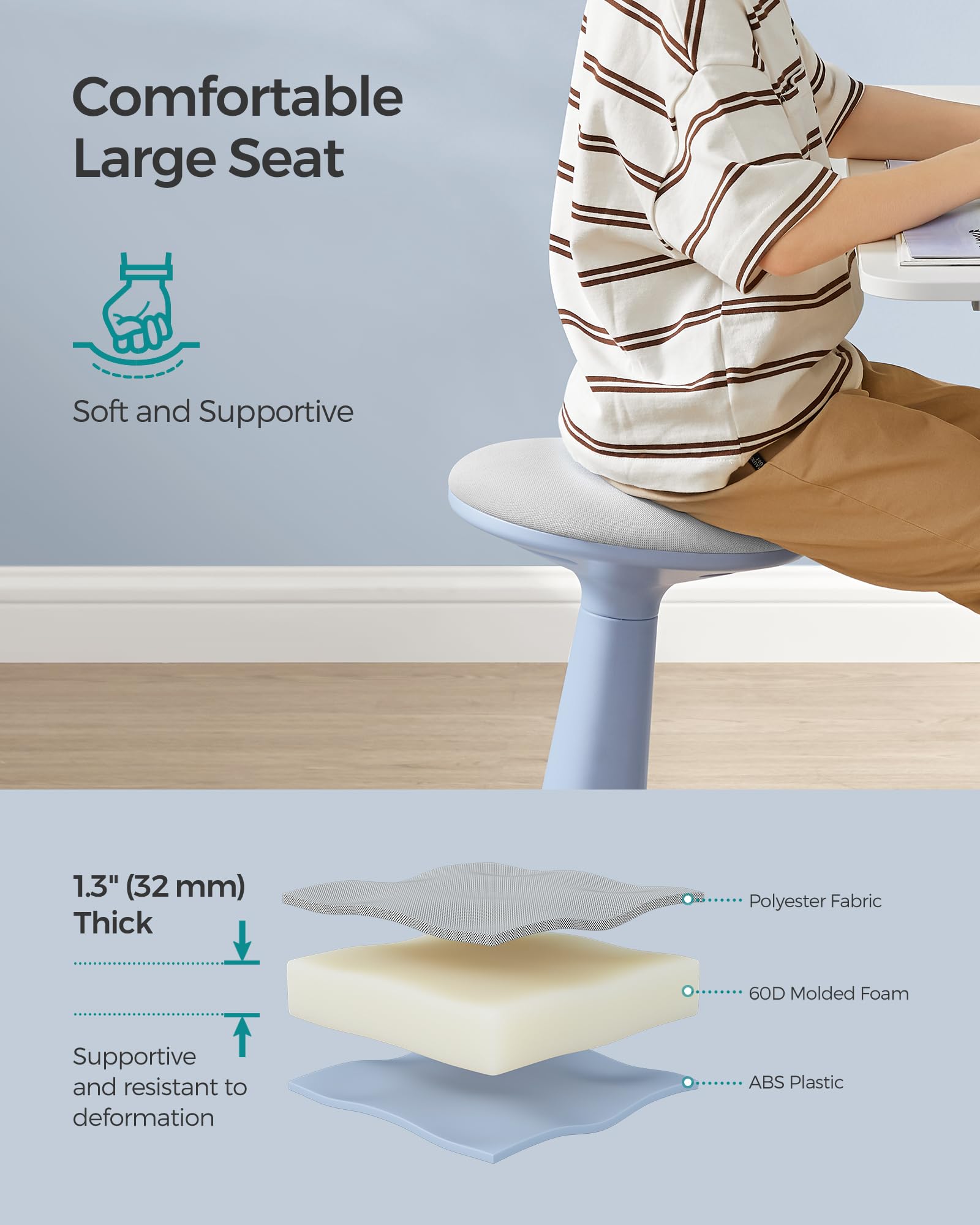 SONGMICS Kids Wobble Chair, Wiggle Stool for Kids Ages 8-12, Comfortable 60D Foam Seat, Breathable Fabric, Anti-Slip Base, 18.1-Inch High, Tool-Free Assembly, Pale Blue and Dove Gray UOSC010Q01