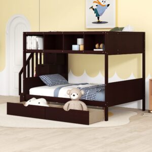 Bunk Bed Twin Over Full with Storage Staircase and 2 Drawers, Wooden Bunk Bed Frame with 4 Storage Shelves for Kids Boys Girls Teens (Espresso@028)