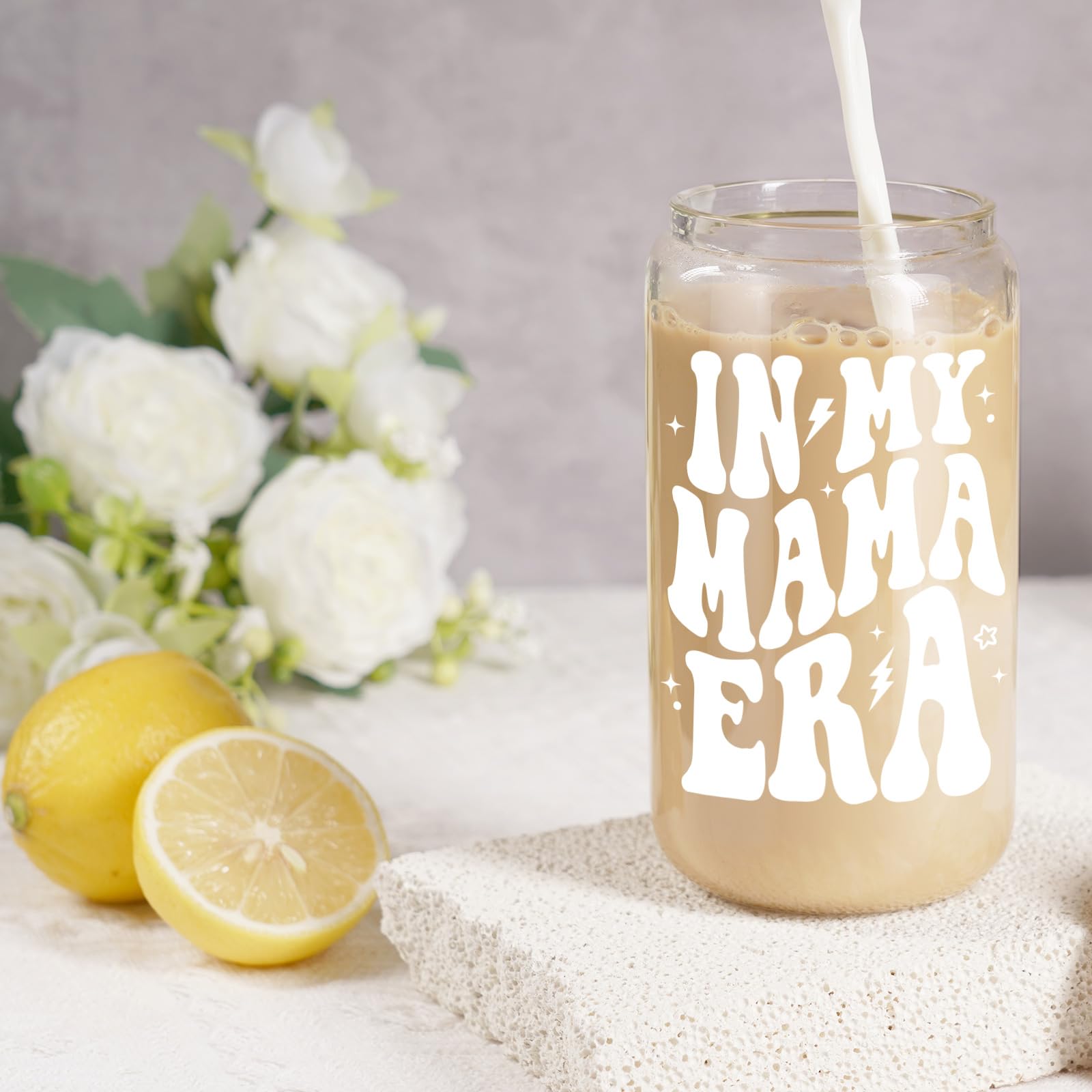 Coolife in My Mama Era Coffee Glass Cup - Best Mom, New Mom Gifts, Cute Mother Mama Gifts - Christmas, Birthday Gifts for New Mom after Birth - 16 oz Mom Cup Mama Glass Tumbler w/Straw Lid