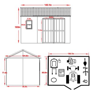 Yardenaler 12x8.7 FT Wood Outdoor Storage Shed, DIY Garden Tool Shed Kit with Waterproof Metal Roof, Lockable Door and Vents, Backyard and Patio, Natural