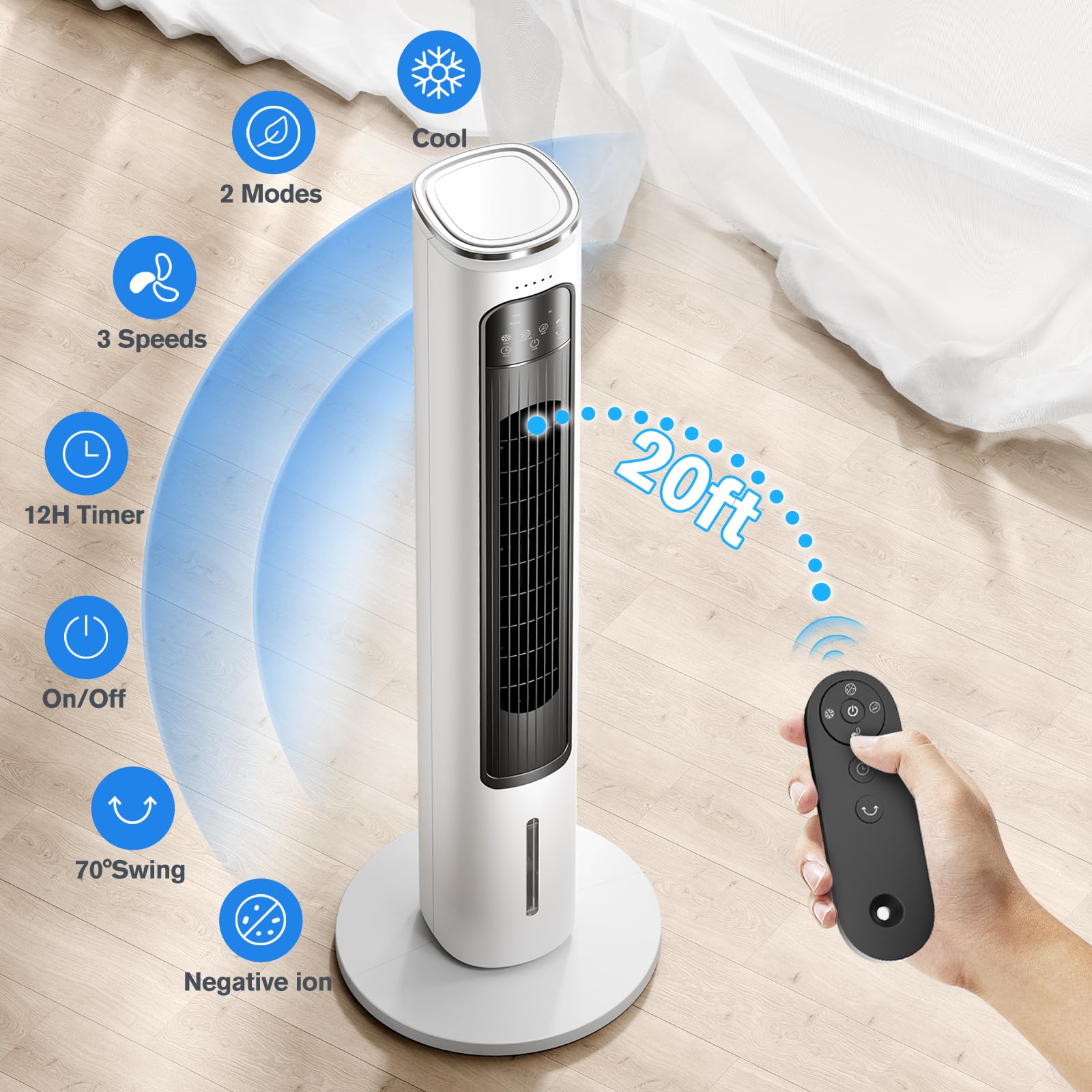 3-IN-1 Portable Air Conditioners Tower Fan, 37'' Evaporative Air Cooler w/Remote, 2.5L Water Tank With 4 Ice Packs, 12H Smart Timer & 70° Oscillating, 3Speeds For Bedroom Living Room Office