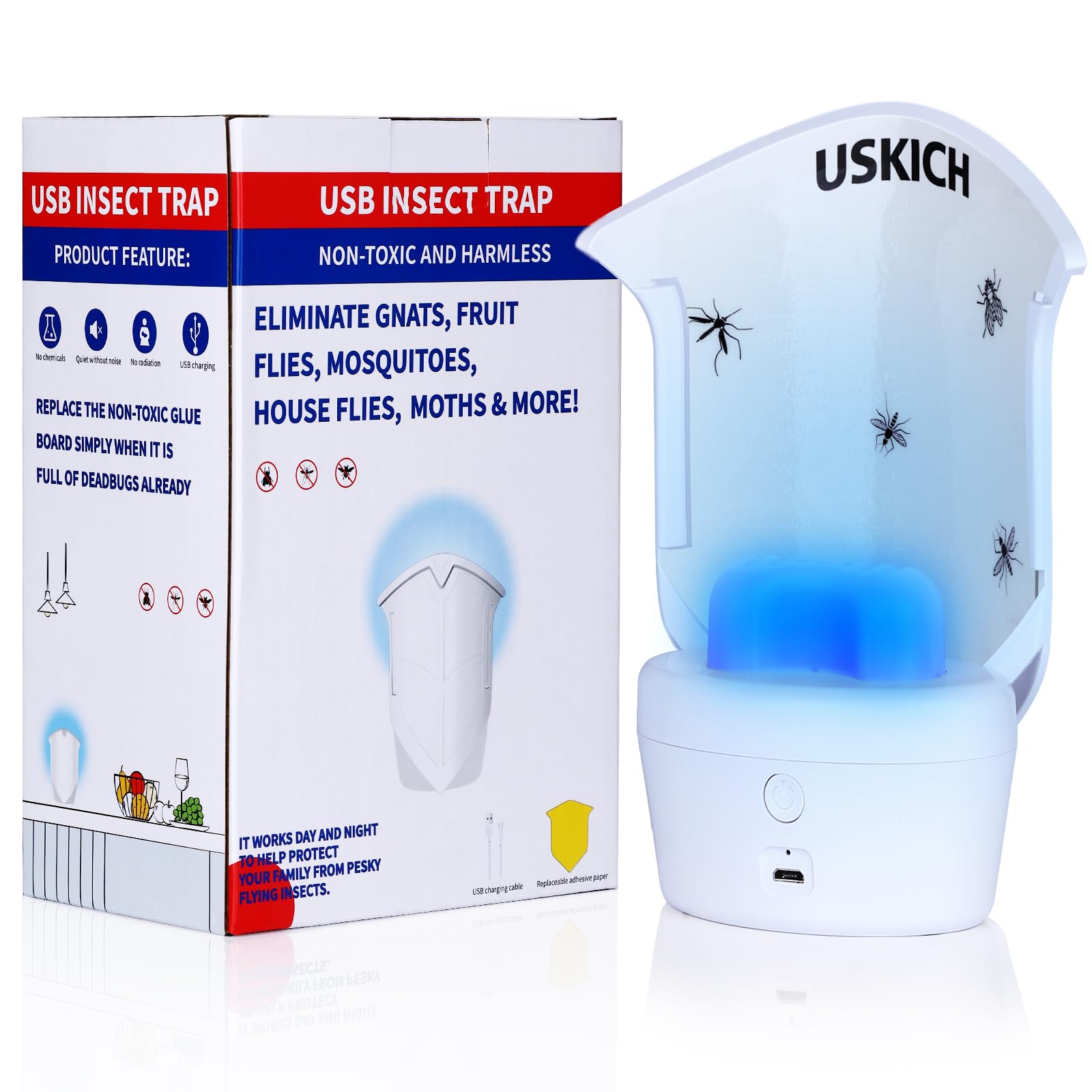 Flying Insect Trap with USB Rechargeable and Portable,Insect Catcher,Indoor Fly Trap with Night UV Light,Fruit Fly Traps for Gnat, Moth, Mosquito, Bug Light Insect Killer (1 Device＋10 Glue Cards)