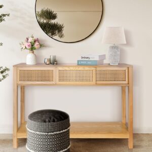 Long Console Table, Console Tables for Entryway, Rattan Entry Table Narrow Wood Console Table with Storage, Modern Couch Table Hallway Table Boho Sofa Table for Living Room