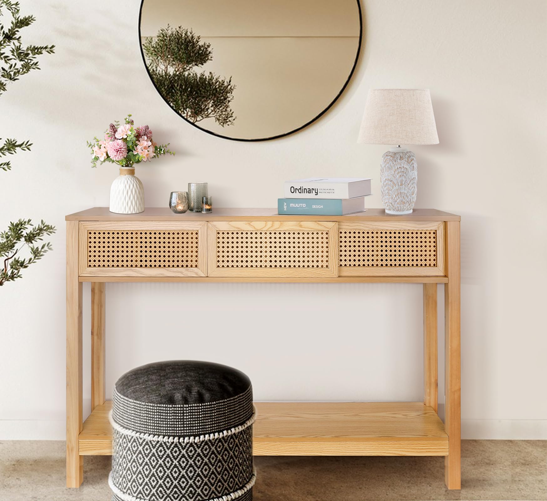 Long Console Table, Console Tables for Entryway, Rattan Entry Table Narrow Wood Console Table with Storage, Modern Couch Table Hallway Table Boho Sofa Table for Living Room