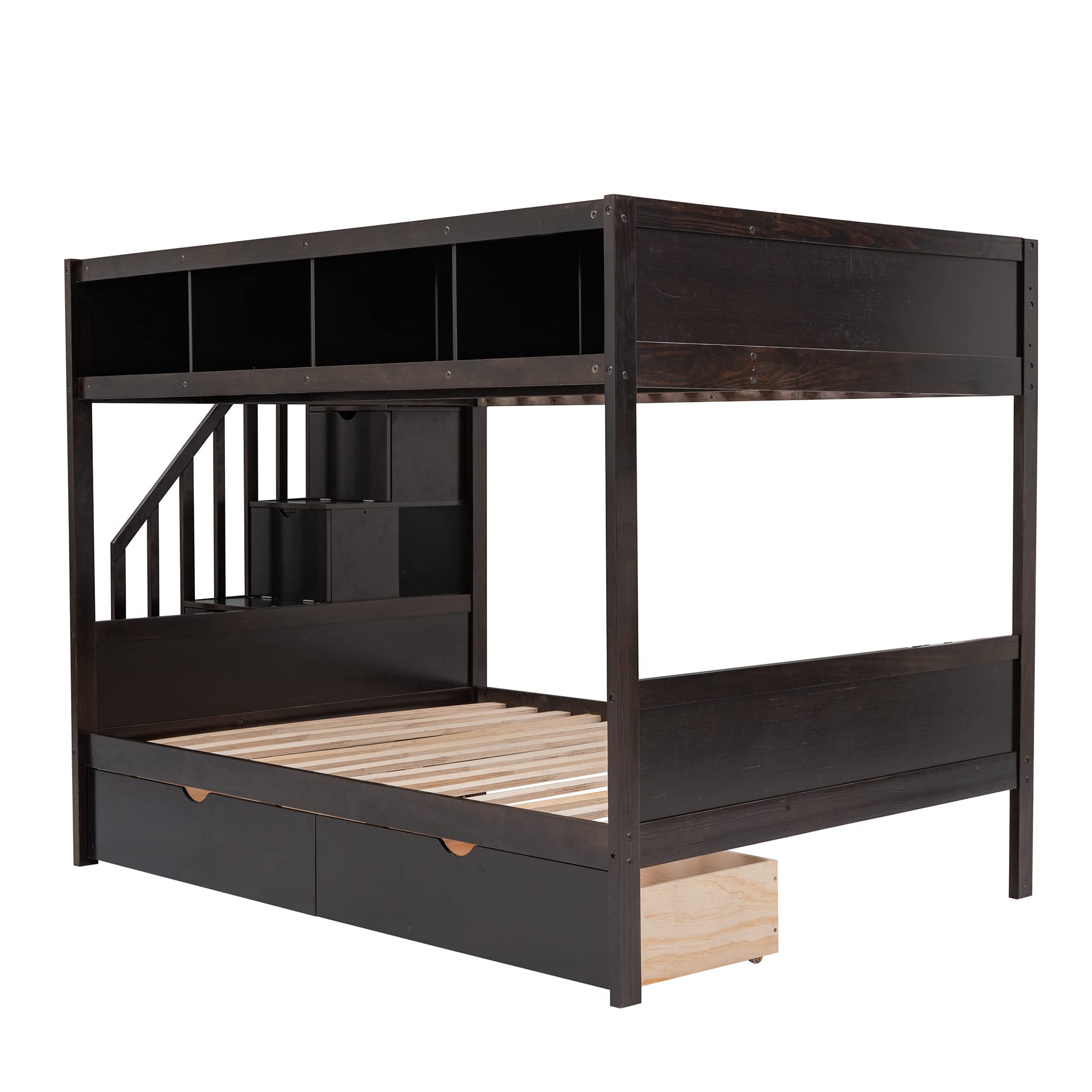 Bunk Bed Twin Over Full with Storage Staircase and 2 Drawers, Wooden Bunk Bed Frame with 4 Storage Shelves for Kids Boys Girls Teens (Espresso@028)