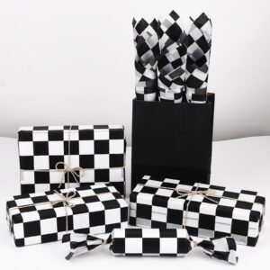 120 Sheets Checkered Tissue Paper Black and White Race Car Party Gift Wrapping Paper Black Plaids Art Tissue Paper for Racing Car Birthday Christmas Party Decorations, 14x20 inch