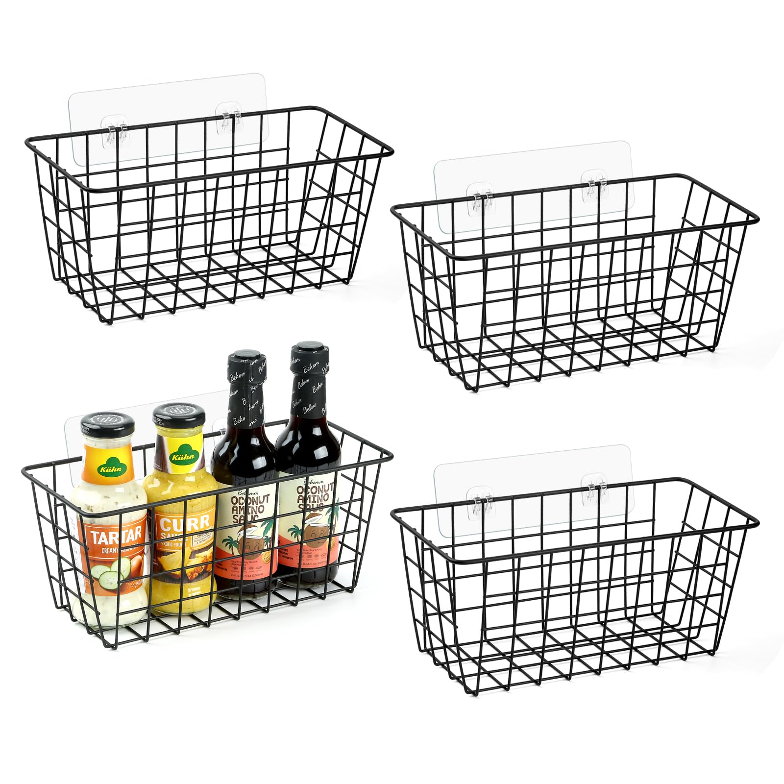 ZUSHALLMY 2 Pack Hanging Kitchen Baskets, Adhesive Wire Wall Storage Basket, No Drilling Hanging Fruit Baskets, Cabinet Door Organizer for Kitchen Bathroom Pantry, Upgrade Super-sized Adhesive