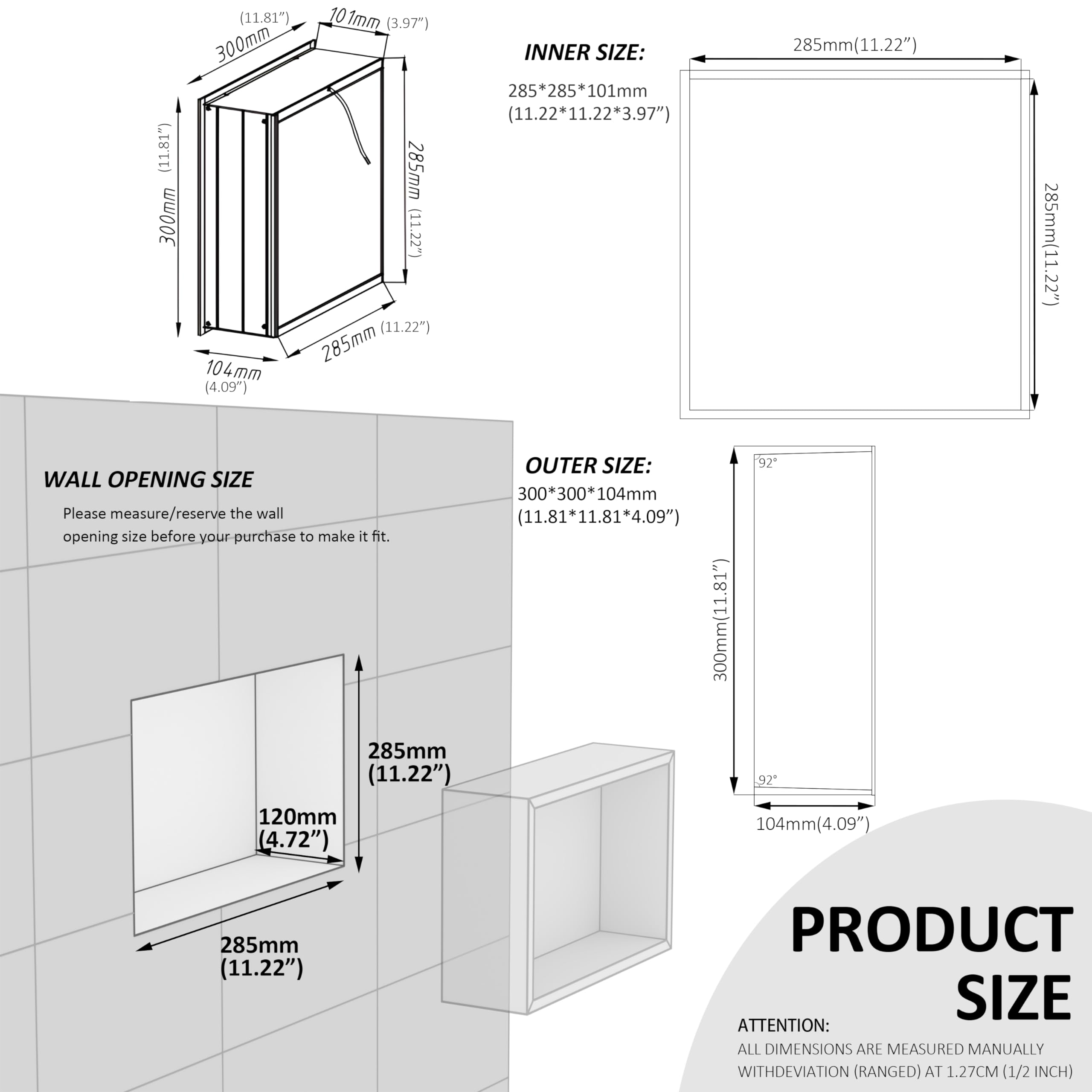 LOWIXI Recessed Shelves Niche 12" X 12",Shower Niche No Tile Needed, Bathroom Niche Recessed Shower Shelf Backsplash with Glass，Black