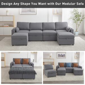 WOTSTA Modular Sectional Sofa Couch with Large Storage, Convertible U Shaped Sofa with USB Ports & Cup Holders, Deep Seat Couch with Wide Chaise, 6 Seat Sectional Couches for Living Room (Grey)