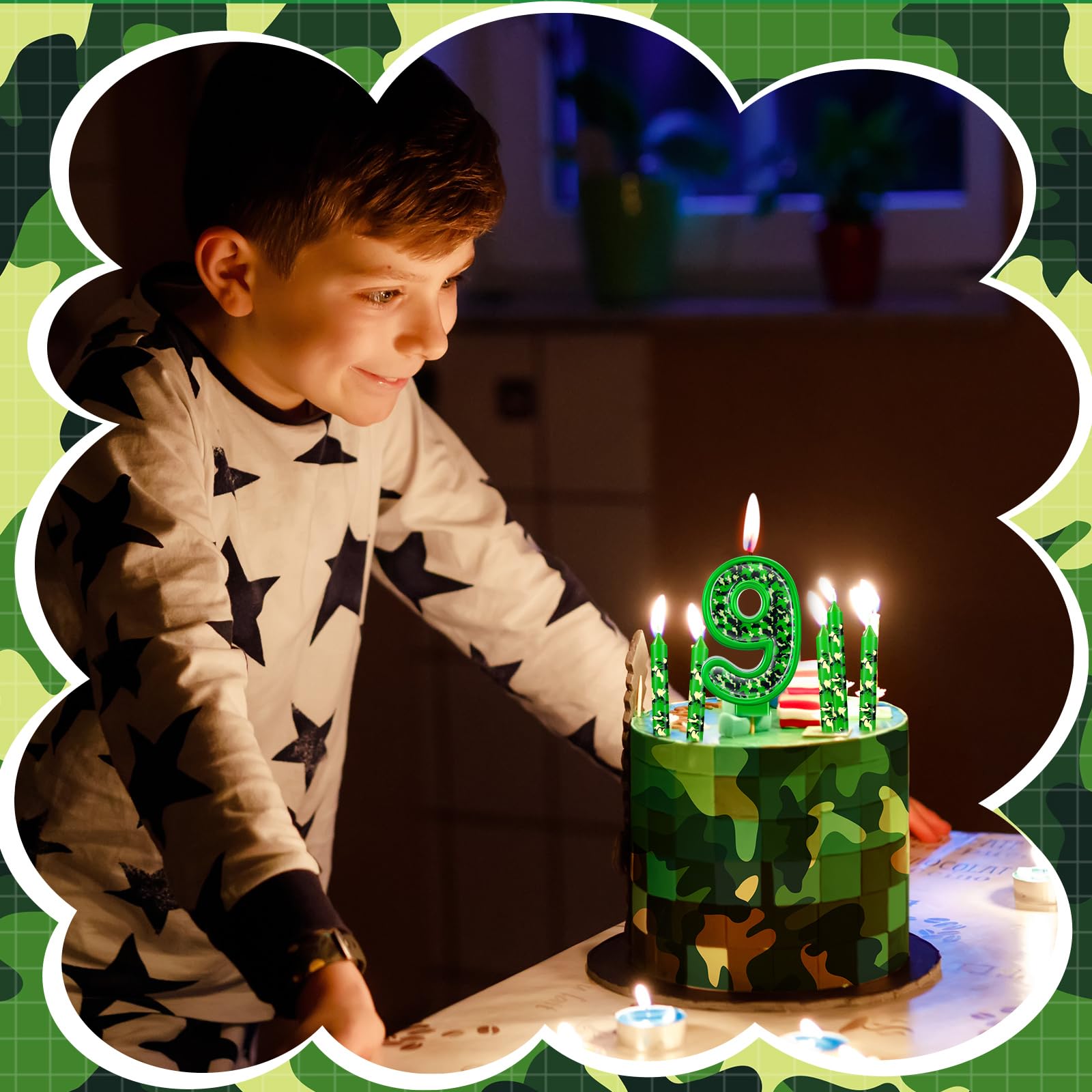 Zomiboo 13 Pcs Camo Birthday Candles Army Theme Candles for Cake Green Number Candle Camouflage Cake Candles for Birthday Graduation Celebration Wedding Party Supplies Decoration (Number 9)