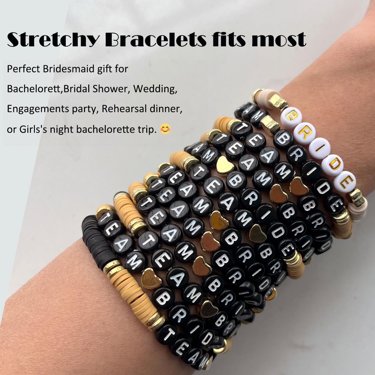 KIWILEPI Bachelorette Party Favors, 11pcs Black Bracelets for Team Bride 1pc White Bride Beaded Bracelet, Handmade Bridesmaids Gifts for Proposal Box Beach Wedding Party for Bride Tribe