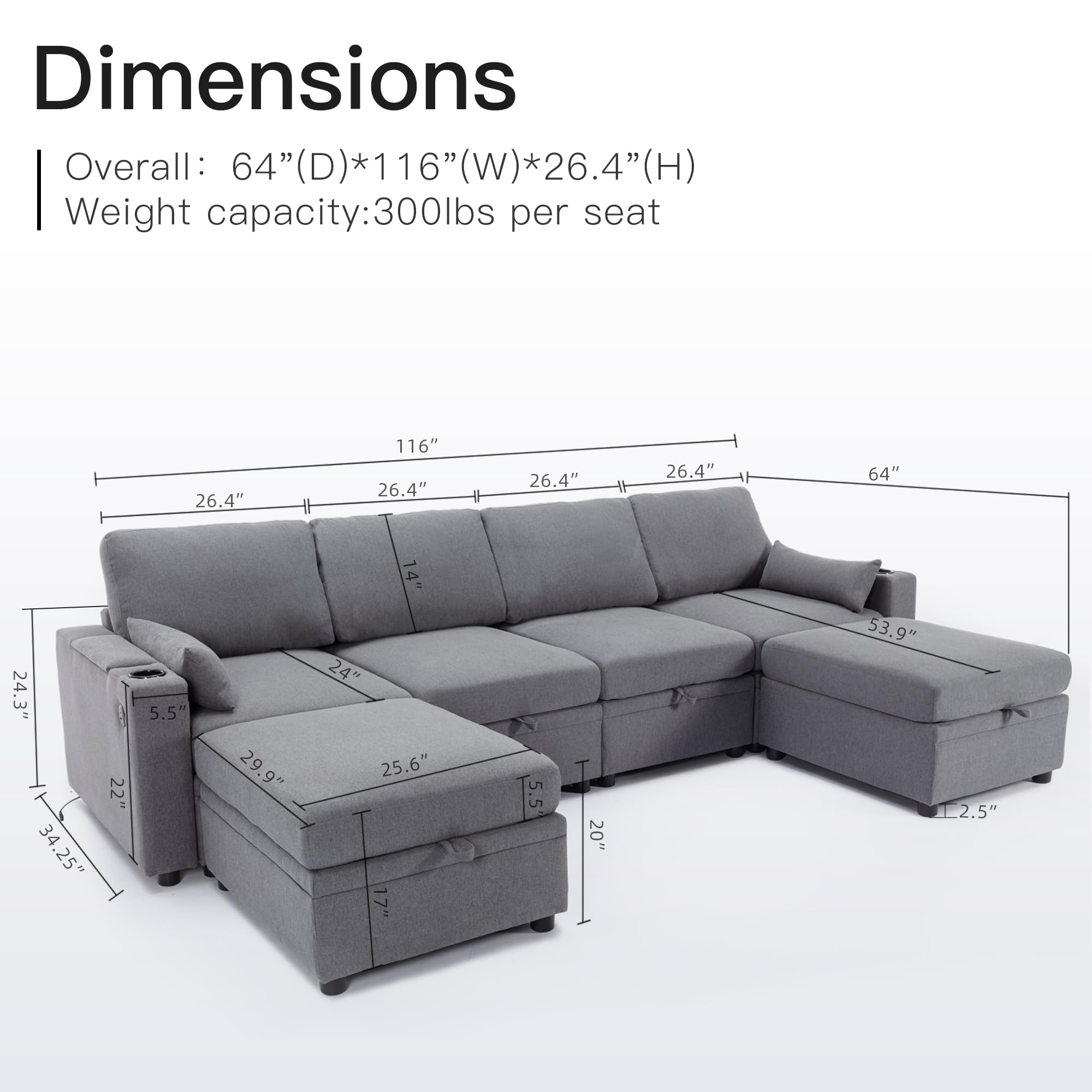 WOTSTA Modular Sectional Sofa Couch with Large Storage, Convertible U Shaped Sofa with USB Ports & Cup Holders, Deep Seat Couch with Wide Chaise, 6 Seat Sectional Couches for Living Room (Grey)