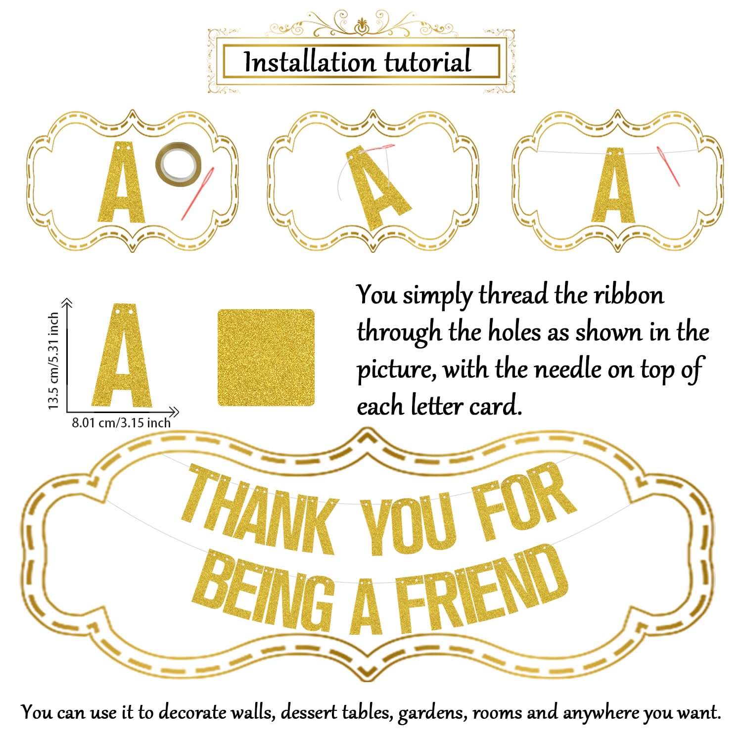 Gold Thank You for Being A Friend Banner,Thank You Banner, Friends Birthday Anniversary Party Supplies