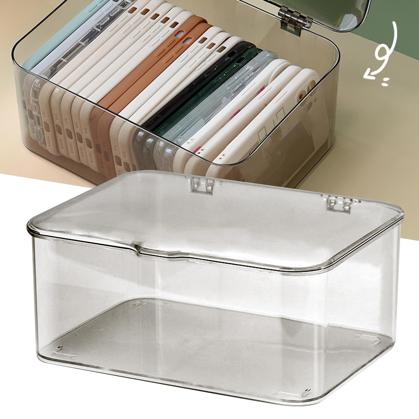 Plastic Storage Box, Hinged Lid Storage Box Stackable Bin with Lid Clear Storage Box Desk Organizer Pencil Box Plastic Phone Case Storage Container for Cosmetics Art Supplies 8.9x6.5x3.9in(Gray)