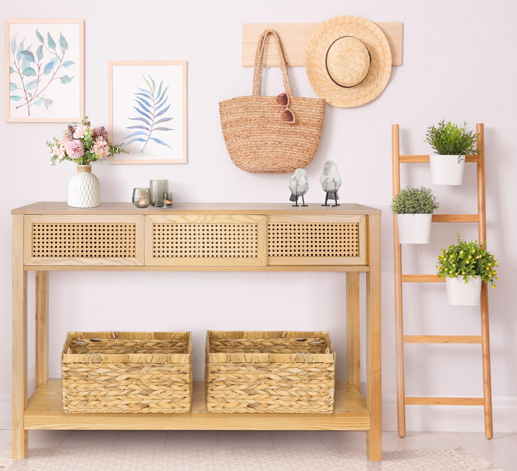 Long Console Table, Console Tables for Entryway, Rattan Entry Table Narrow Wood Console Table with Storage, Modern Couch Table Hallway Table Boho Sofa Table for Living Room