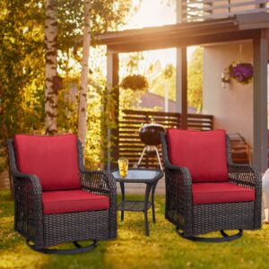 OMTech Rocking Chair, Outdoor Wicker Rotation Rocking Chair with Cushion, Outdoor Rocking Chair Set of 3, with End Table, Indoor Outdoor Patio Yard Bistro Furniture, Red