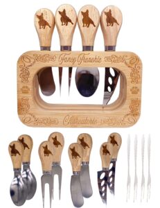 frenchie the french bulldog cheese board deluxe stainless steel utensils 12 set, and engraved bamboo display stand, cheese knives, forks, spoons, spreaders and mini forks, fancy frenchie charcuterie